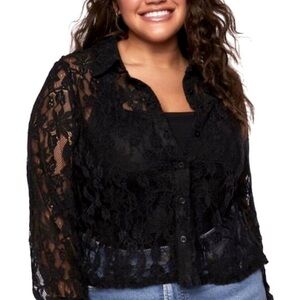 2/$10 Forever21+ Sheer Lace Black Floral Embroidered Long Sleeve Shirt size 0x